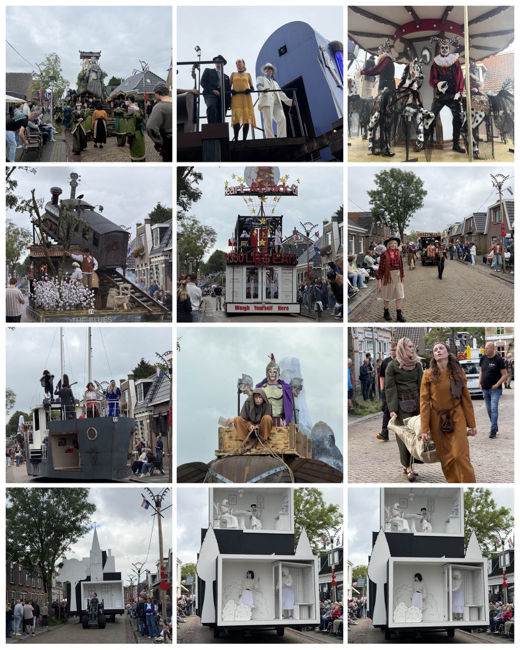 Twaalf momenten uit de Allegorische Optocht in Sint Nyk, met historische wagens en spelers
